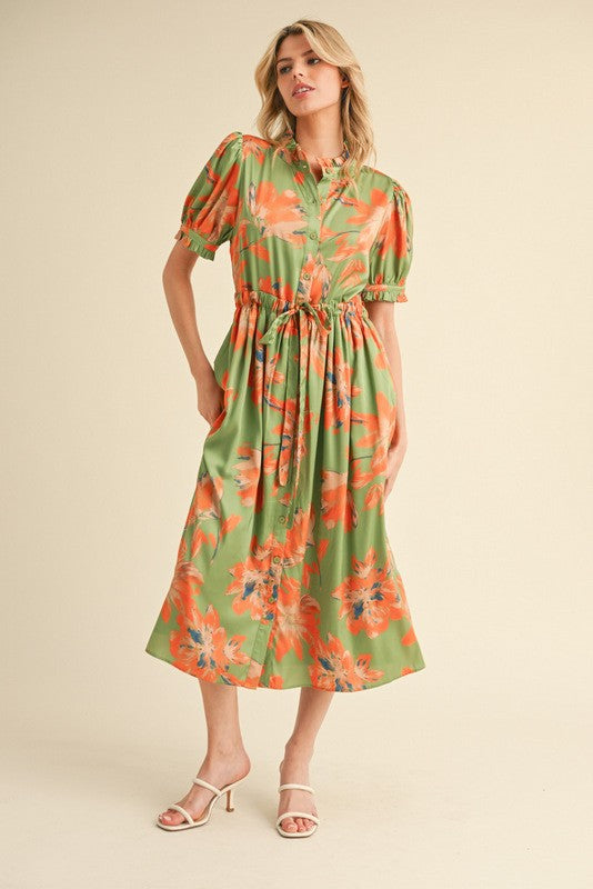 Light Olive Floral Satin Button Down Maternity Midi Dress