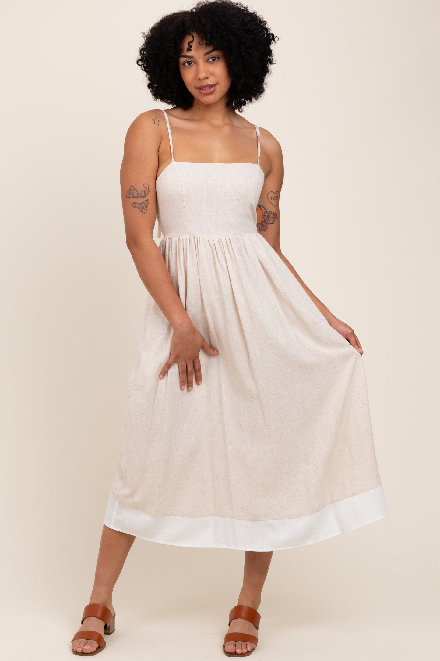 Beige Color Block Back Tie Maternity Midi Dress