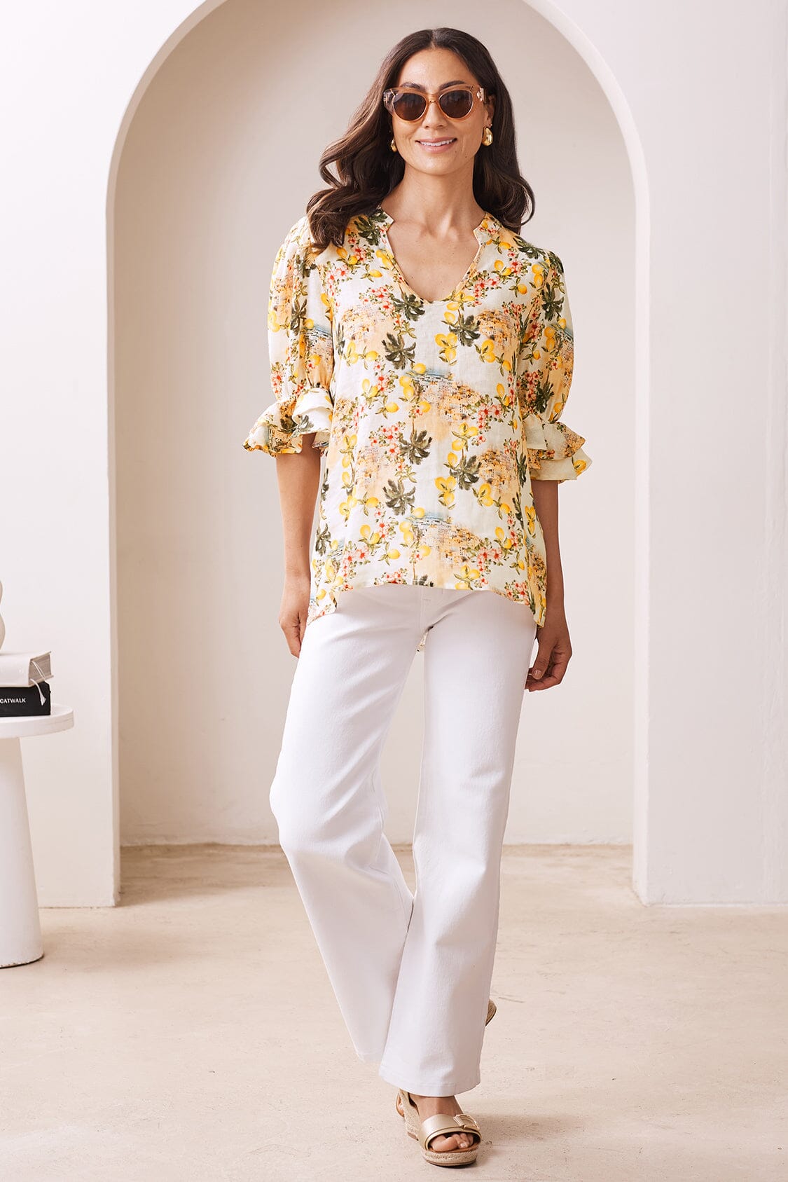 Positano Floral Mid Sleeve V-Neck Linen Top