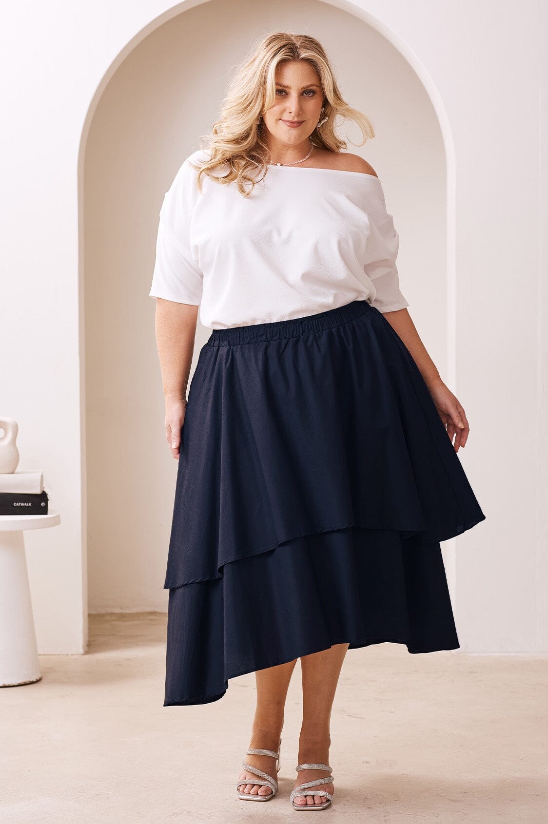 Vivian Flared Tiered Midi Skirt Navy