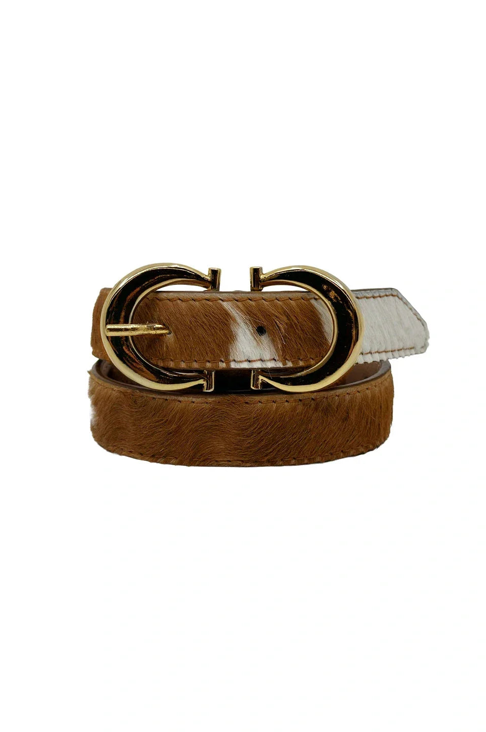 Ivy Skinny Double Buckle Belt Tan & White Cowhide