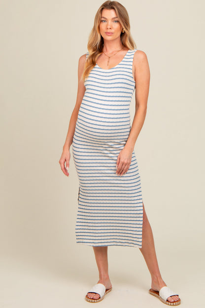 Light Blue Striped Side Slit Maternity Midi Dress