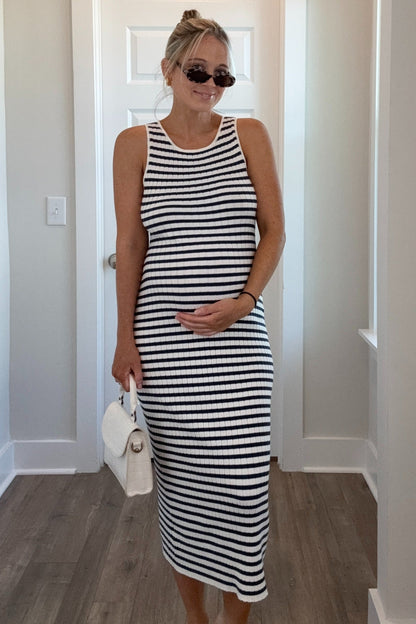 Navy Blue Sleeveless Round Neck Striped Rib Sweater Maternity Midi Dress