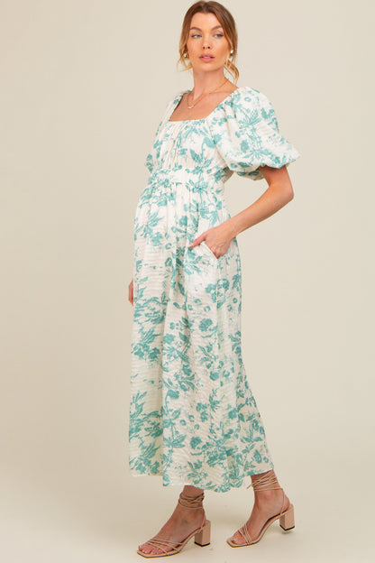 Teal Floral Puff Sleeve Maternity Midi Dress