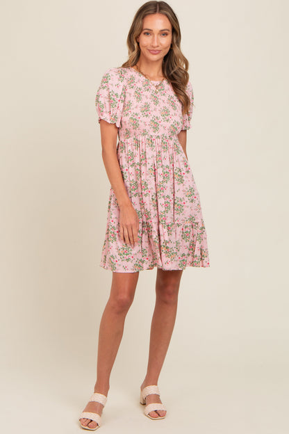 Light Pink Floral Smocked Puff Sleeve Maternity Dress