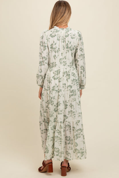 Olive Floral Button Front Tiered Long Sleeve Maternity Maxi Dress