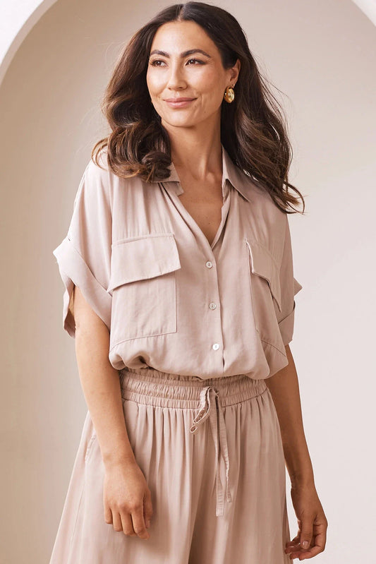 Vittoria Short Sleeve Collared V-Neck Shirt Taupe