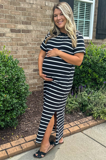 Black Striped Side Slit Maternity Maxi Dress