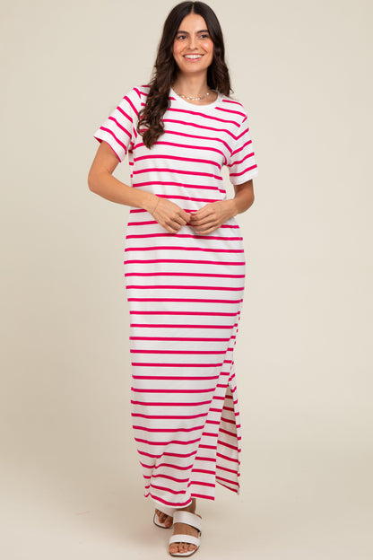 Fuchsia Striped Side Slit Maternity Maxi Dress