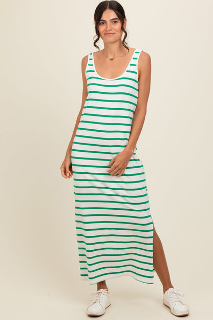 Green Striped Sleeveless Side Slit Maternity Maxi Dress