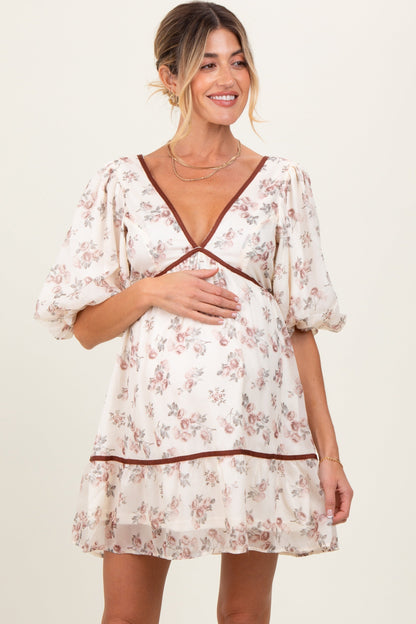 Cream Floral Deep V-Neck Back Cutout Maternity Dress