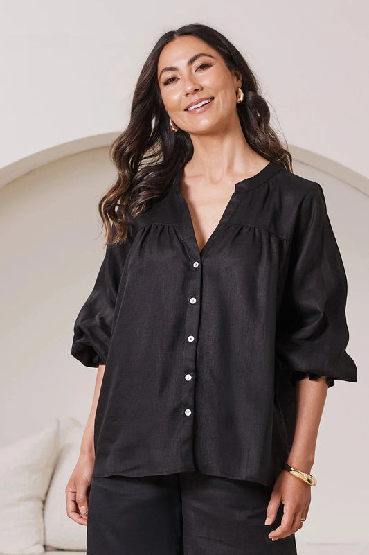 Adriana Long Sleeve Linen Top in Black