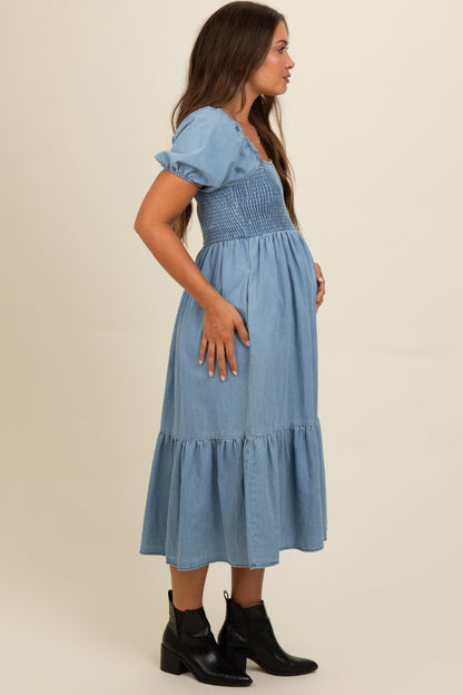 Light Blue Vintage Wash Chambray Smocked Maternity Midi Dress
