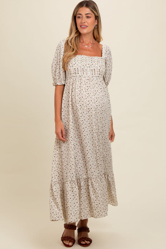 Ivory Floral Pleated Bodice Maternity Maxi Dress