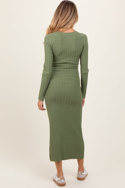 Olive Ribbed Knit Fitted Maternity Midi Sweater Dress