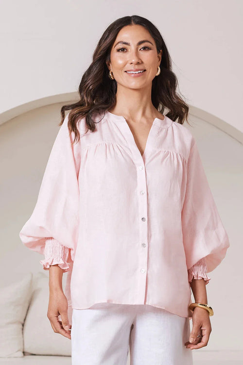 Adriana Long Sleeve Linen Top in Blush