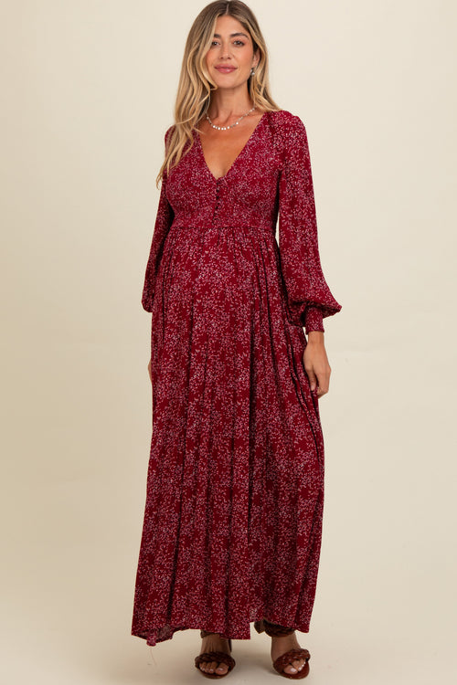 Burgundy Floral Smocked Button Detail Maternity Maxi Dress