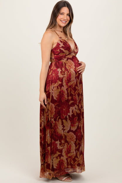 Burgundy Floral Deep V-Neck Back Cutout Maternity Maxi Dress