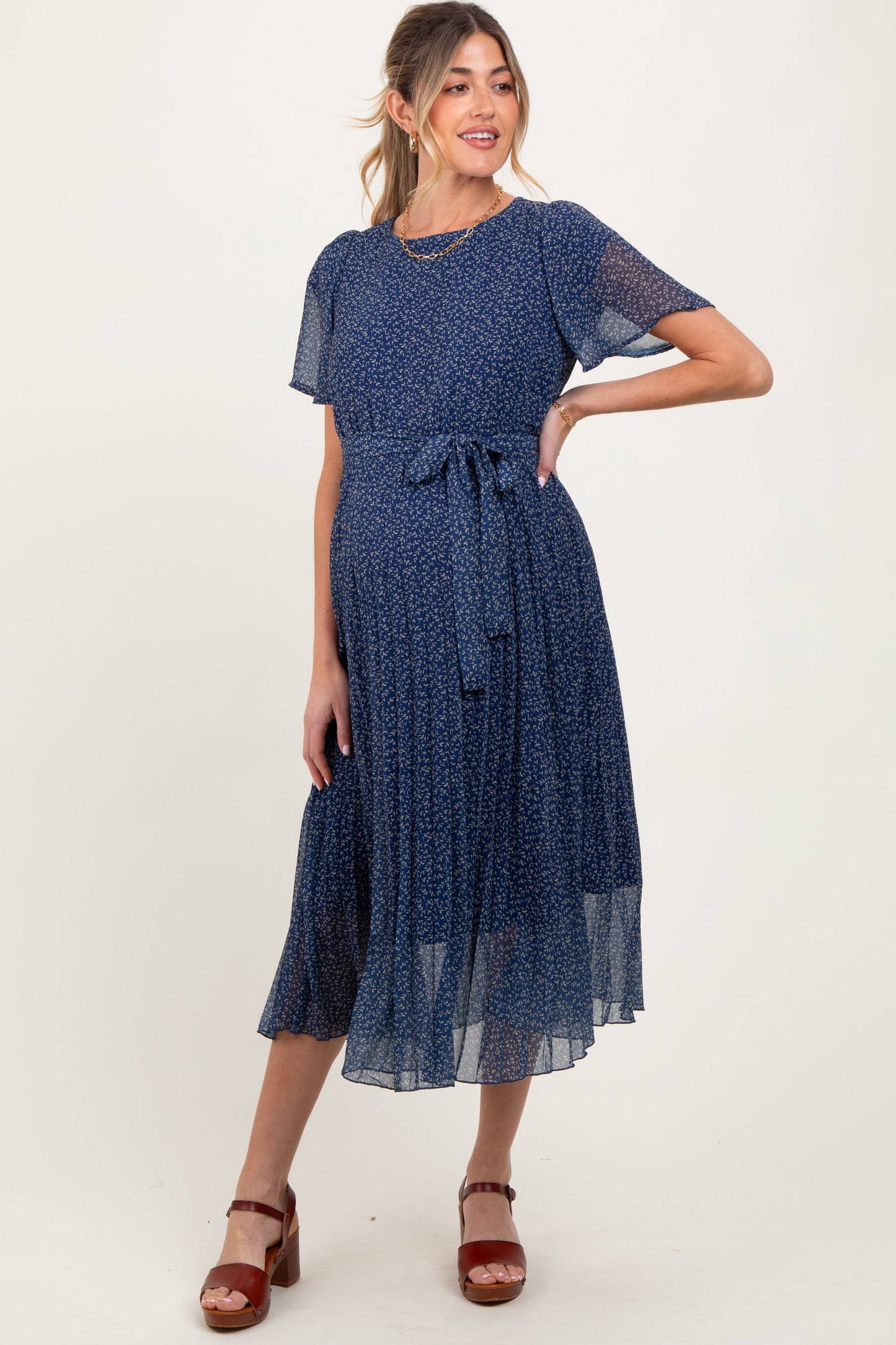 Navy Leaf Print Pleated Maternity Midi Dress