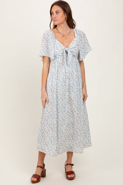 Blue Floral Front Tie Maternity Midi Dress