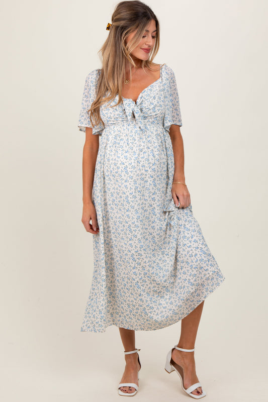 Blue Floral Front Tie Maternity Midi Dress