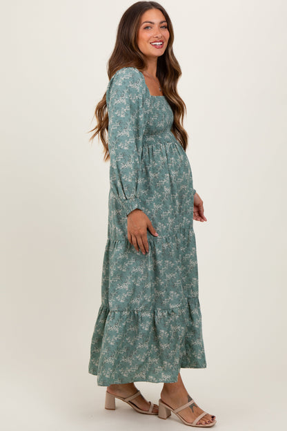 Light Olive Floral Smocked Square Neck Maternity Maxi Dress