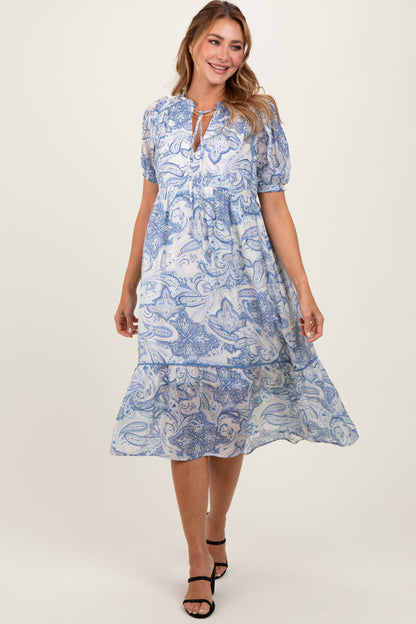 Blue Paisley Front Tie Ruffle Trim Maternity Midi Dress