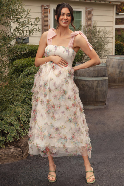 Cream Floral Smocked Shoulder Tie Ruffled Maternity Midi Dress