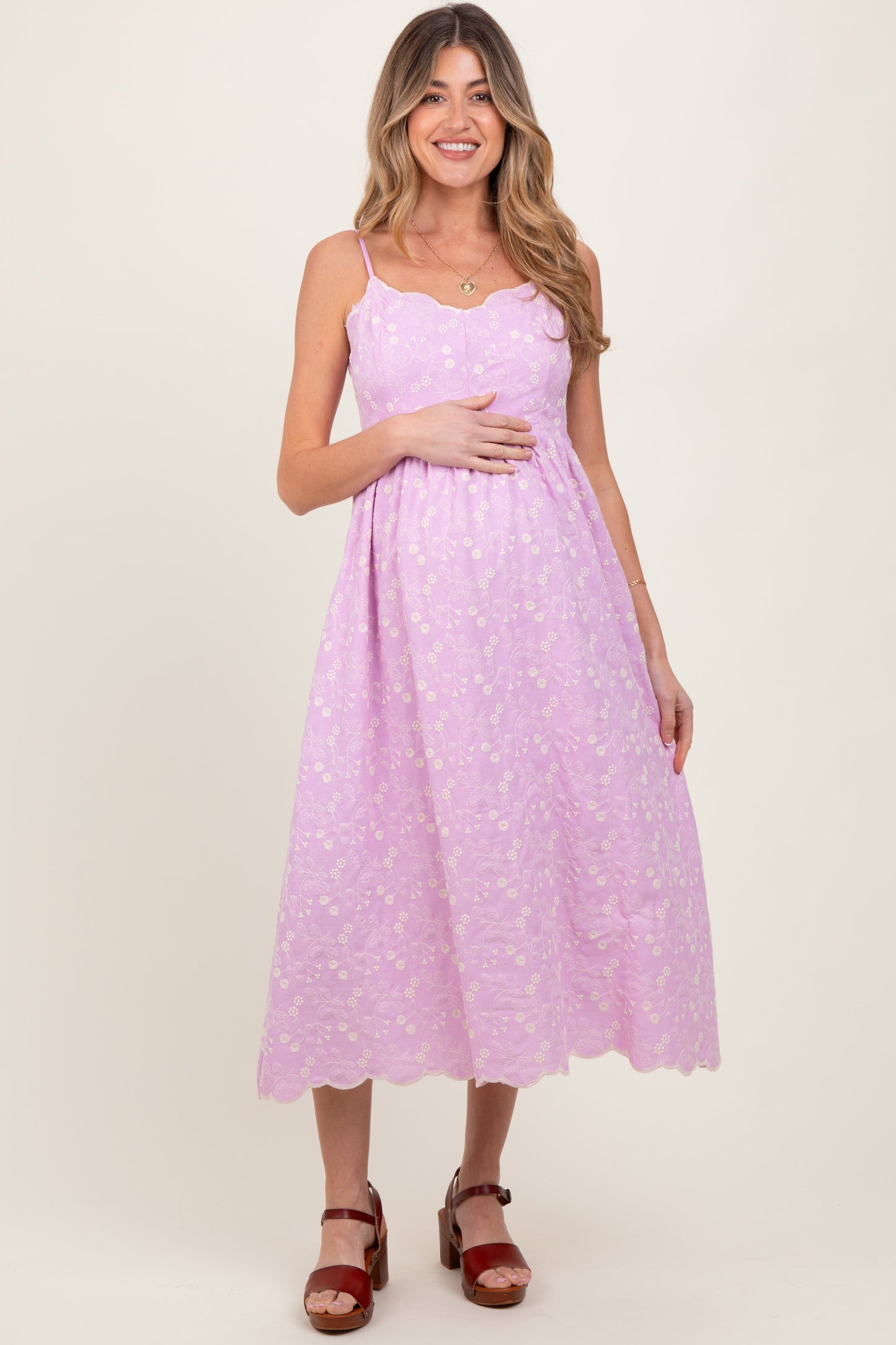 Lavender Floral Embroidered Scallop Detail Maternity Midi Dress