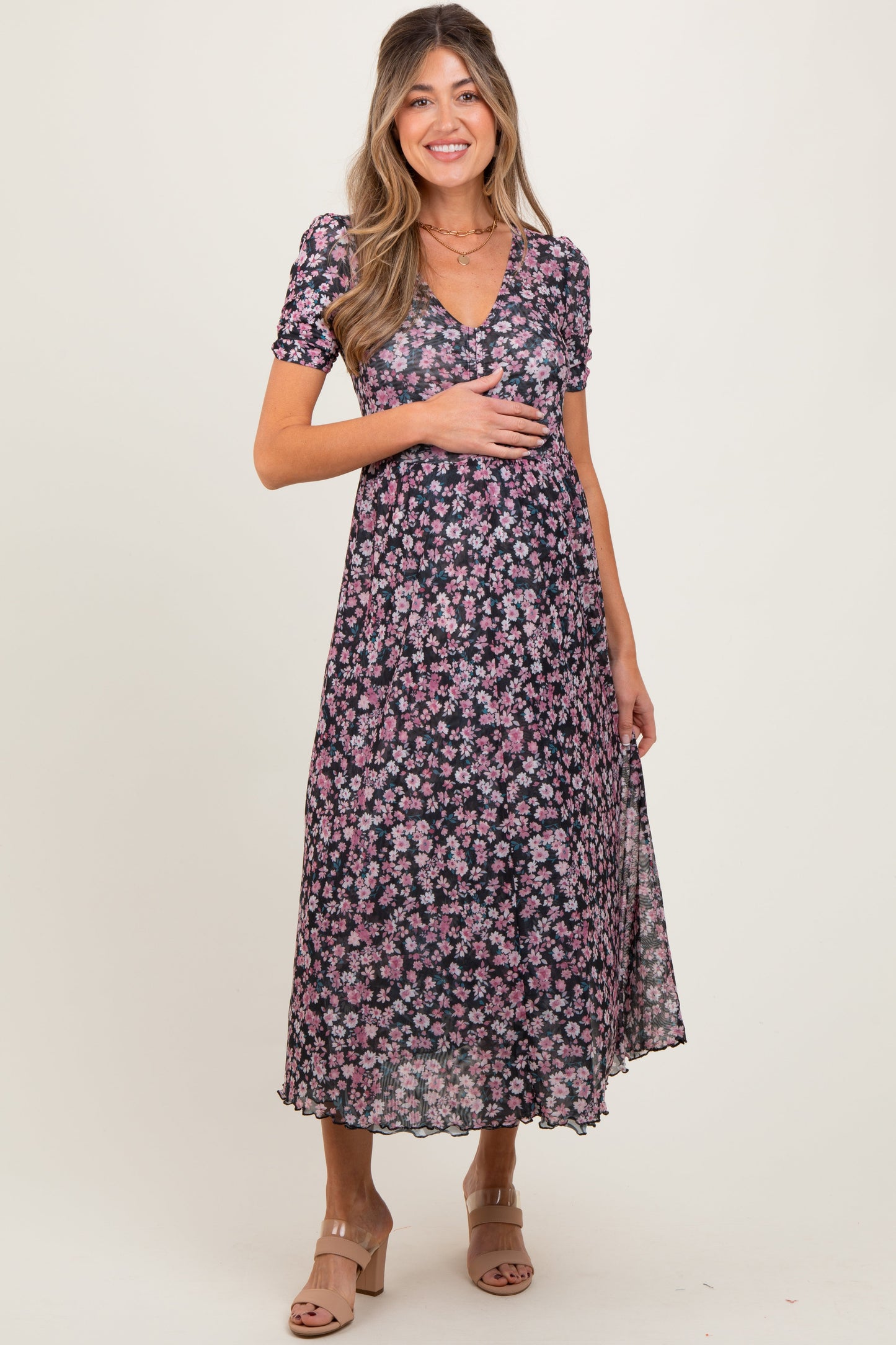 Black Floral Reversible Front Cinched Maternity Midi Dress