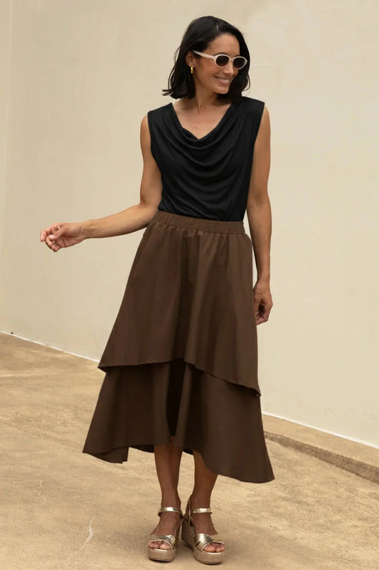 Vivian Flared Tiered Midi Skirt Brown