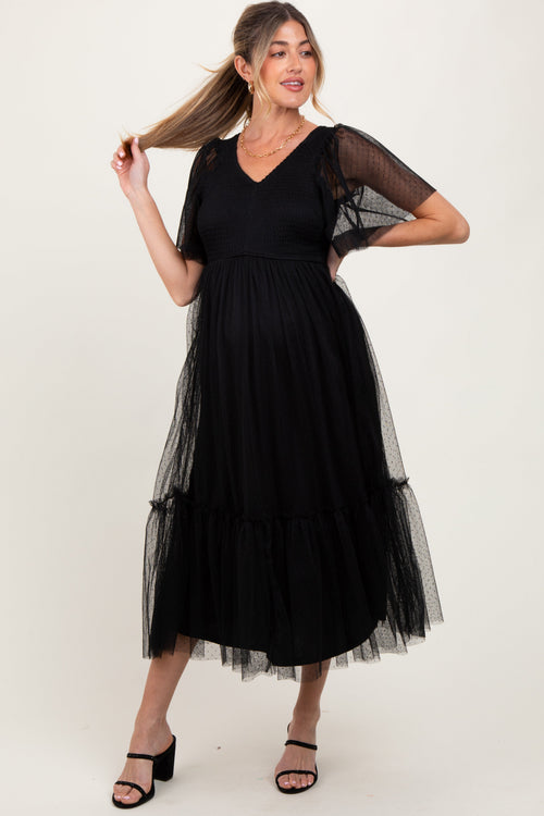 Black Dotted Tulle Smocked Maternity Midi Dress