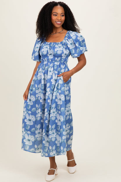 Blue Multi Printed Floral Square Neck Maternity Midi Dress