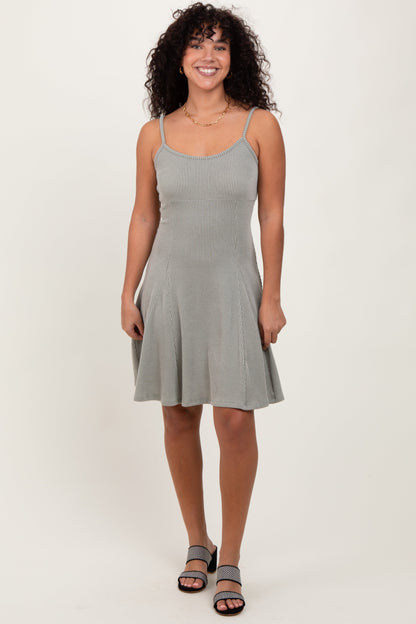 Light Olive Solid Ribbed Knitted Adjustable Strap Sleeveless Maternity Mini Dress
