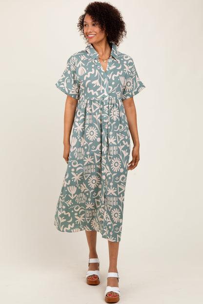 Mint Green Abstract Floral Shirt Maternity Midi Dress