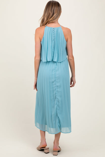 Blue Pleated Woven Maternity Midi Dress