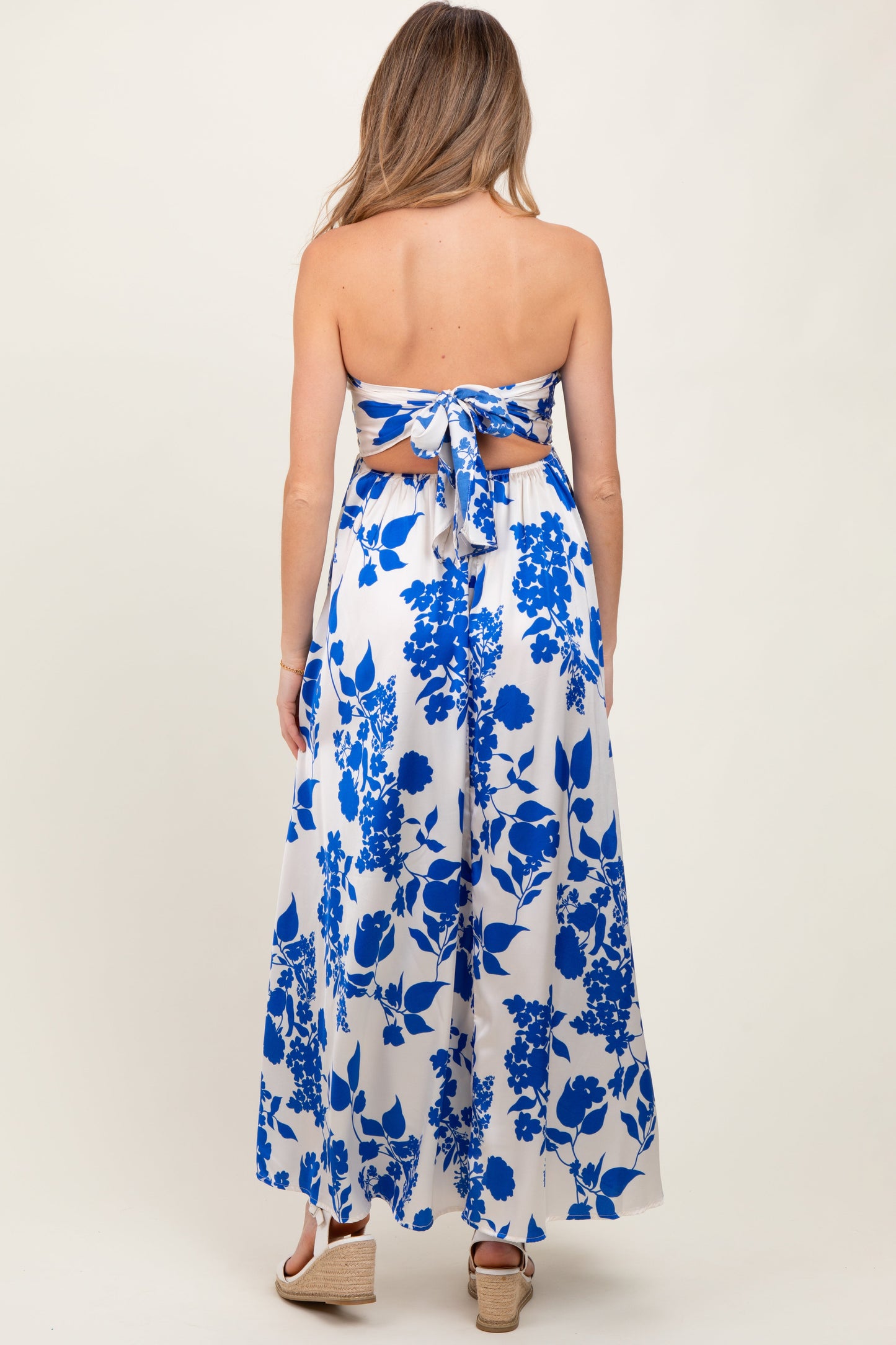 Blue Strapless Back Tie Maternity Maxi Dress