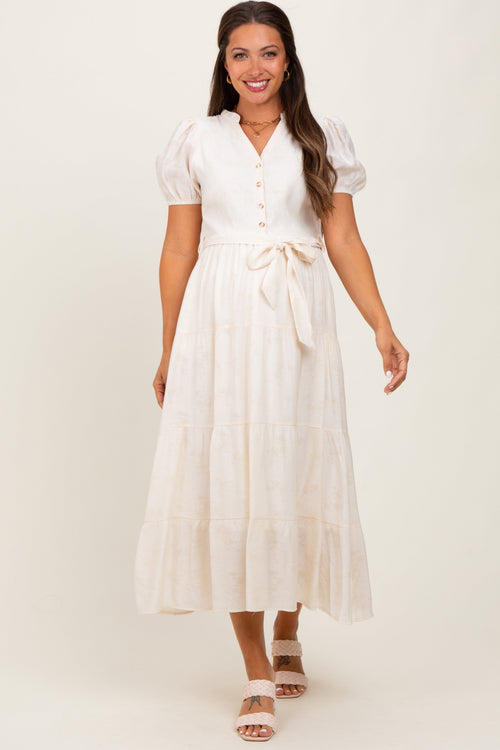Cream Split Neckline Tiered Maternity Midi Dress