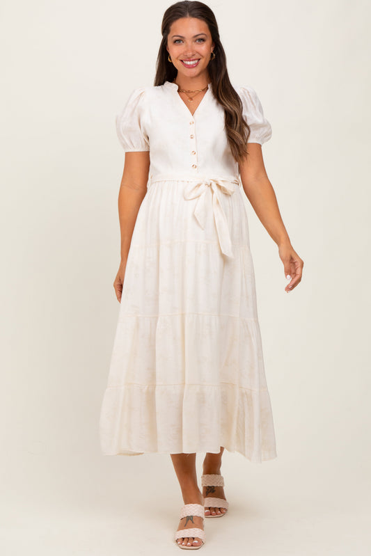 Cream Split Neckline Tiered Maternity Midi Dress