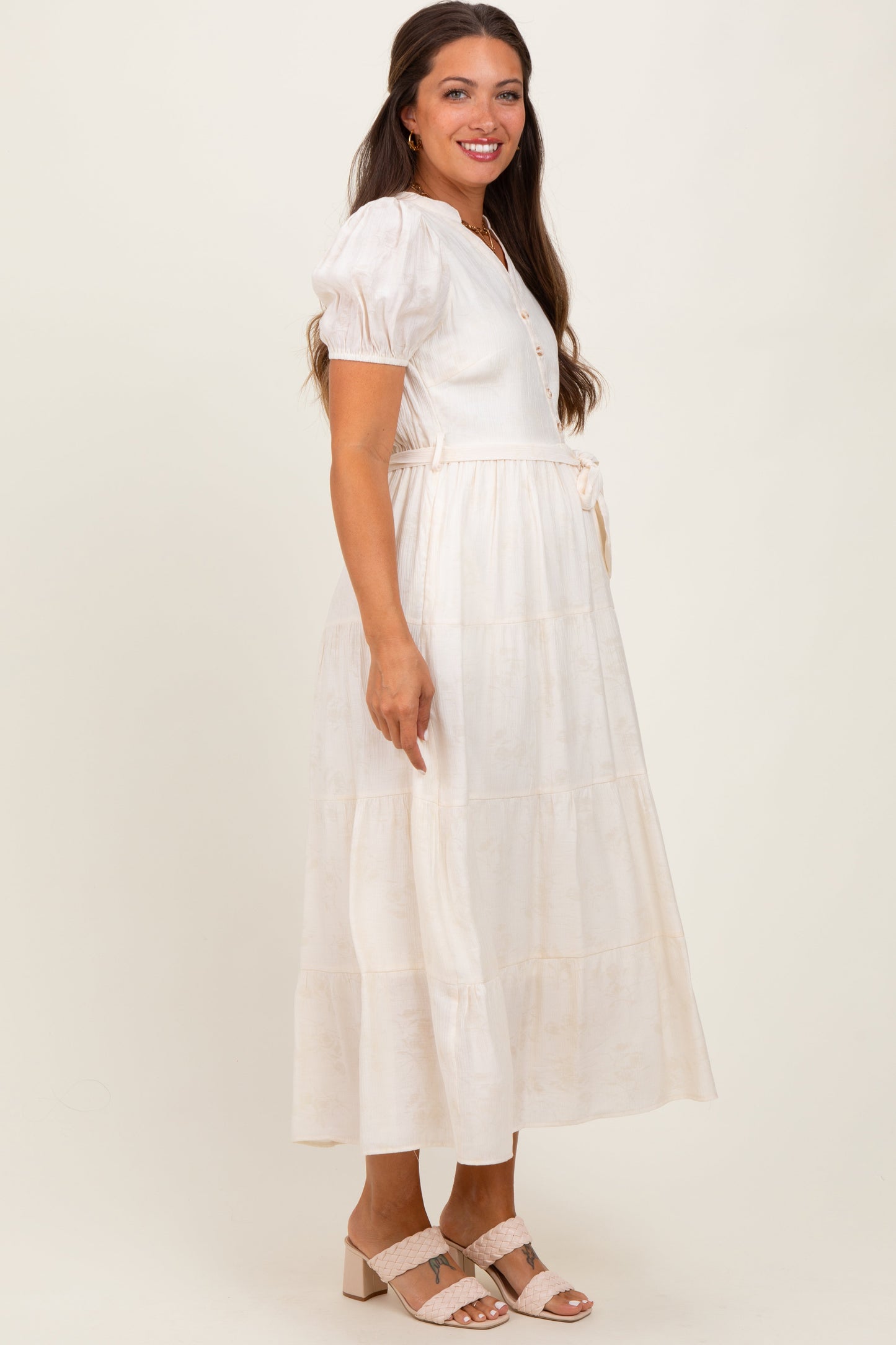 Cream Split Neckline Tiered Maternity Midi Dress