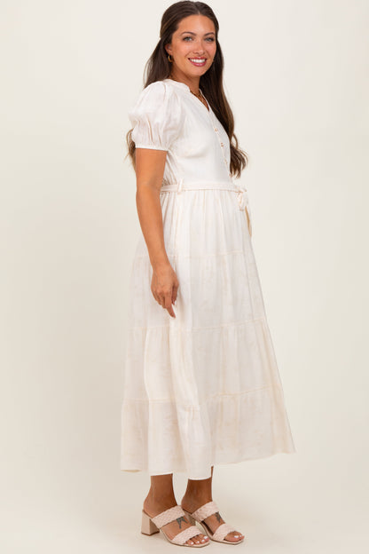 Cream Split Neckline Tiered Maternity Midi Dress
