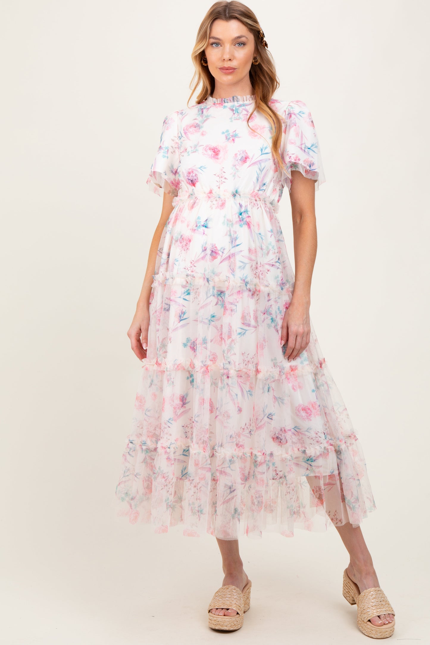 Ivory Floral Mesh Ruffle Tiered Maternity Midi Dress