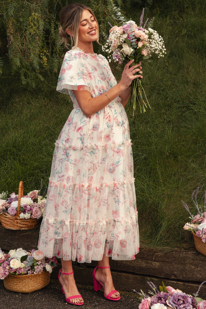 Ivory Floral Mesh Ruffle Tiered Maternity Midi Dress