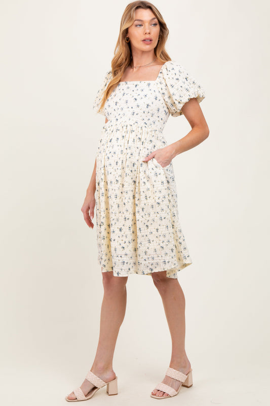 Cream Textured Knit Square Neck Maternity Midi Dress