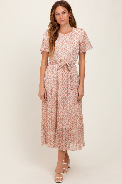 Cream Print Pleated Maternity Midi Dress