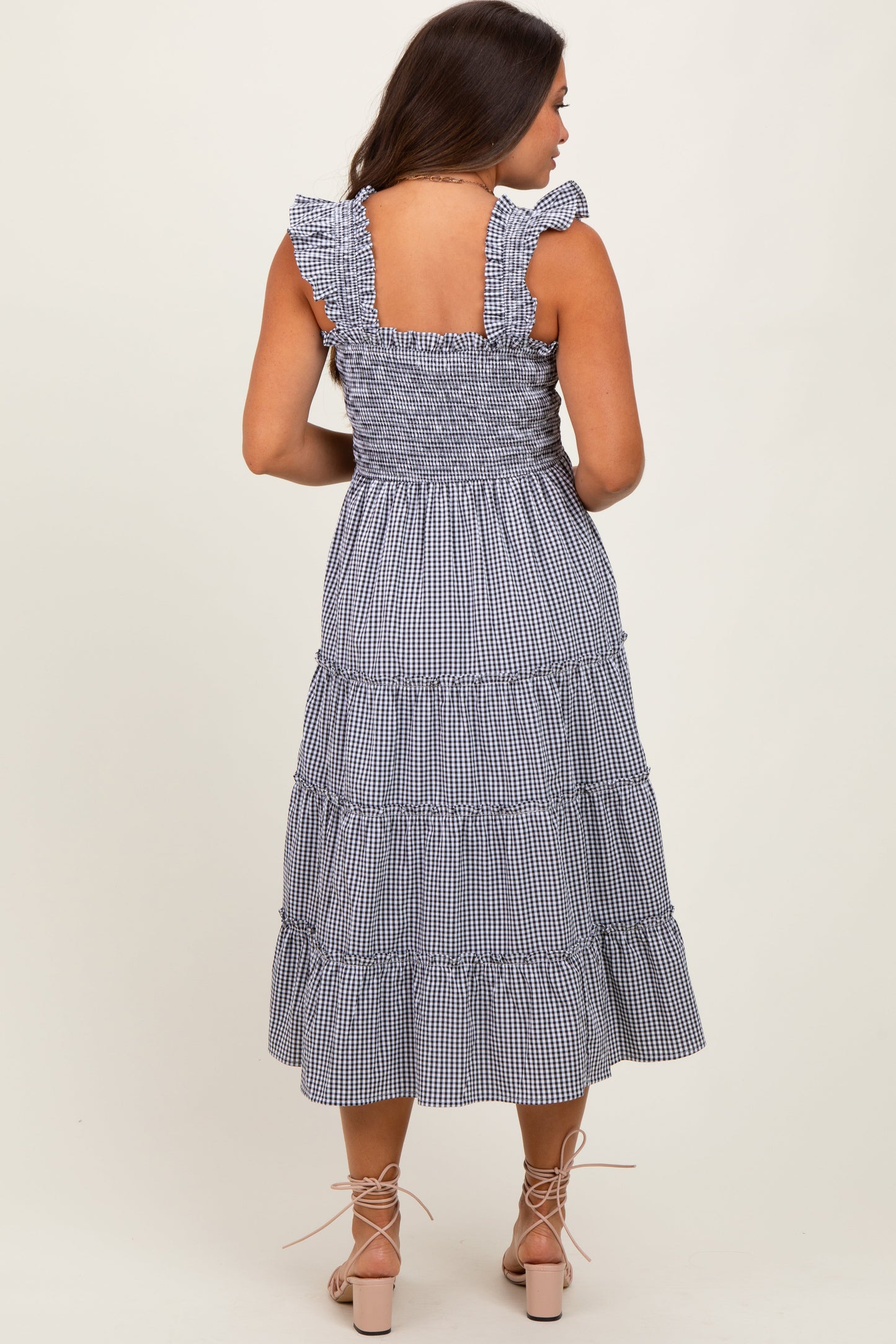 Black Gingham Ruffle Tiered Maternity Midi Dress