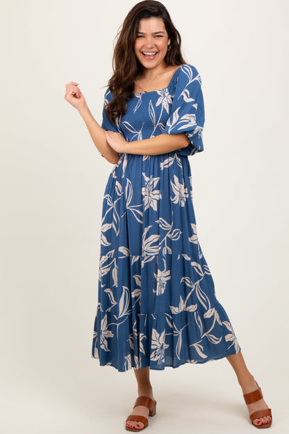 Blue Smocked Puff Sleeve Maternity Midi Dress