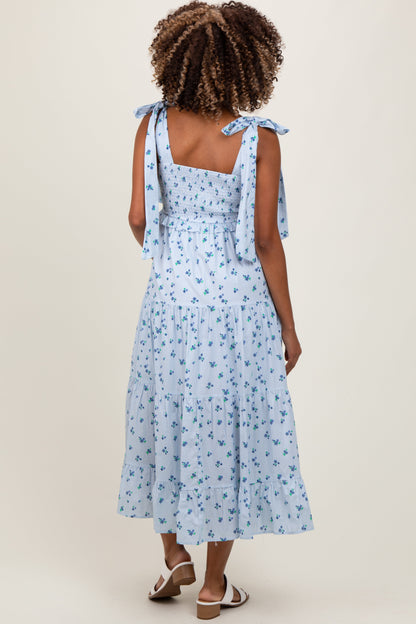 Light Blue Floral Striped Smocked Shoulder Tie Maternity Maxi Dress