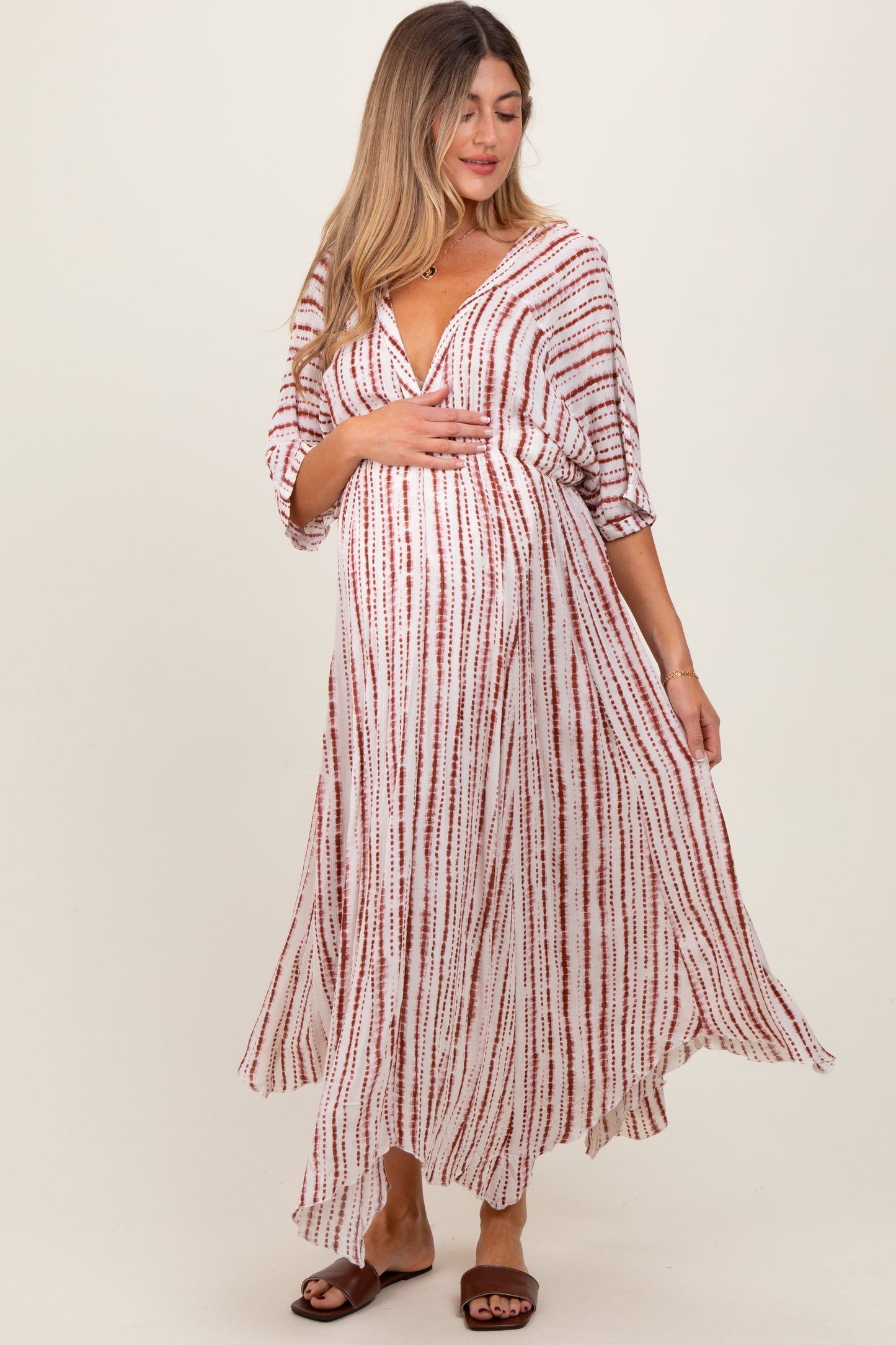 Rust Printed Deep V-Neck Maternity Midi Dress