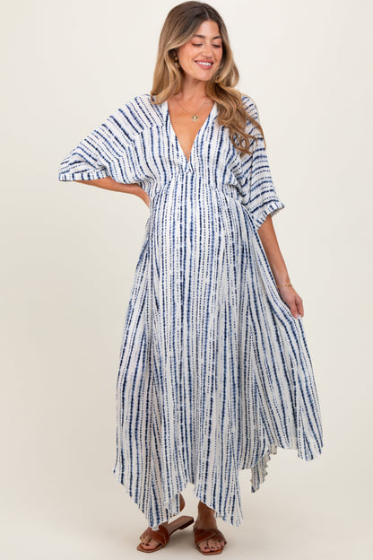 Navy Printed Deep V-Neck Maternity Midi Dress